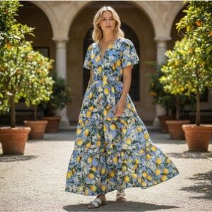 Anthropologie Somerset Maxi Dress Tiered Iris Blue Lemon Print Dress Women’s XL